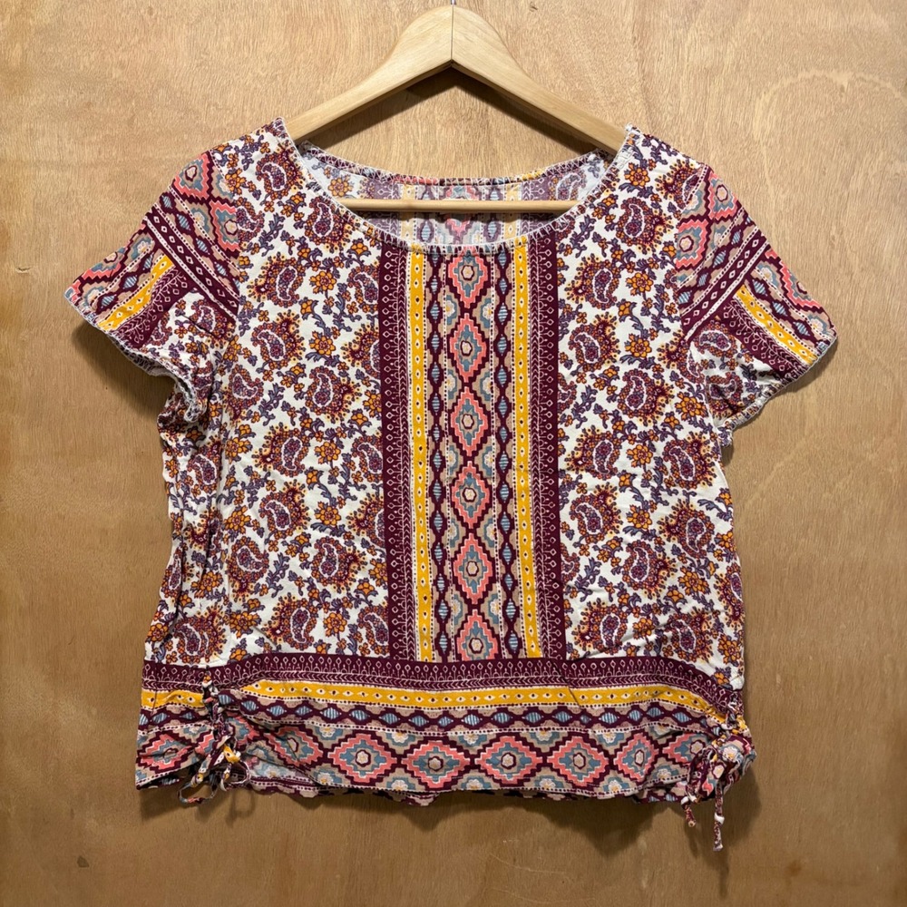 Hollister Printed Top Womens Medium Multi Color Boho Paisley Festival Peasant